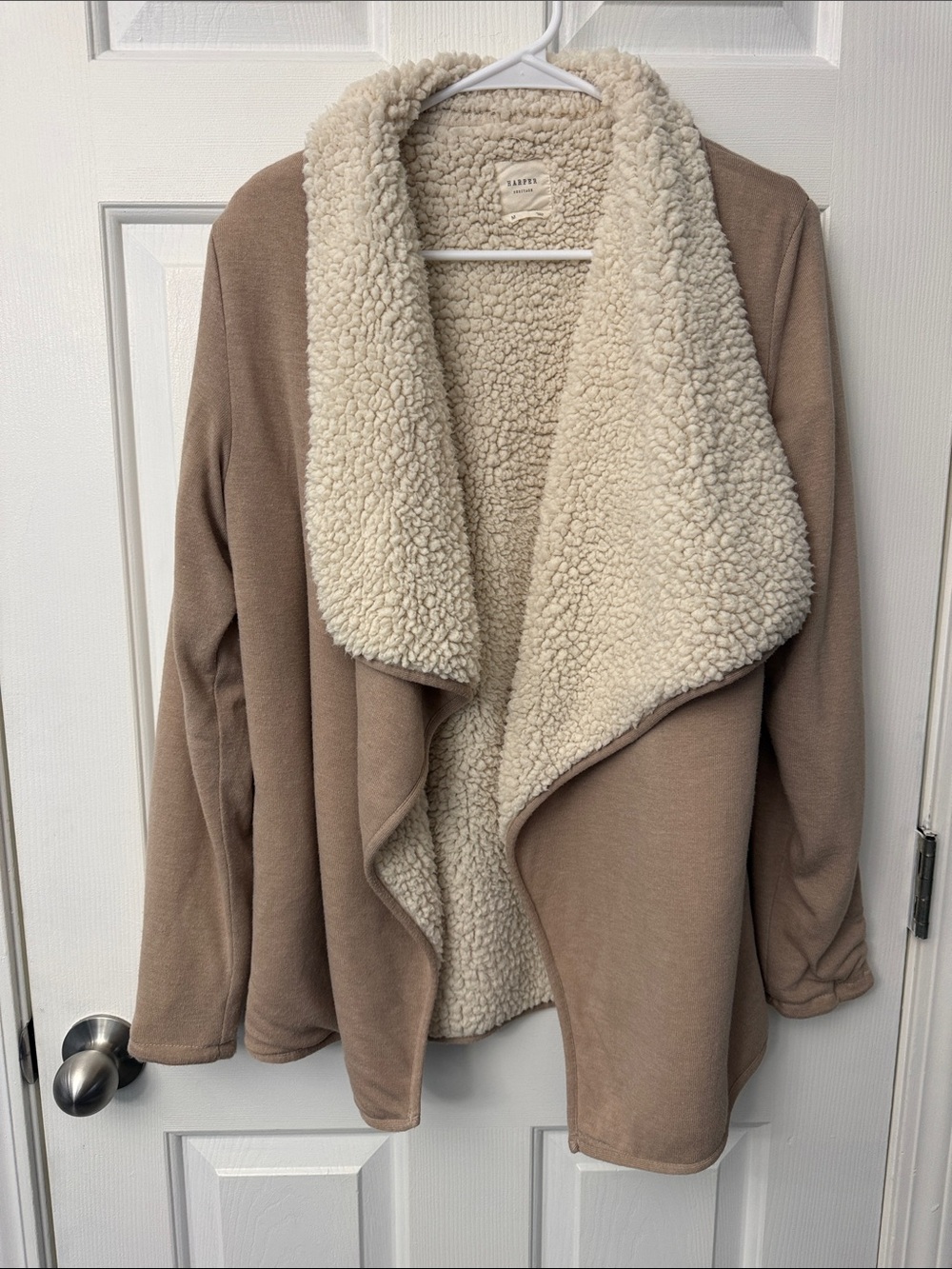 Harper Taupe Open-Front Teddy Jacket with Cream Sherpa